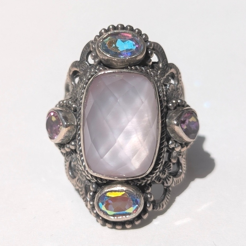 Sarda Bali Sterling Silver Rose Quartz and Mystic Topaz Statement Ring Size‎ 6